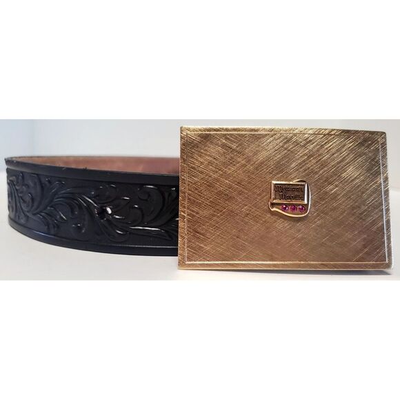 Tony Lama Belt Blk 30 w/ VTG Metalcraft Mayville Brushed Gold Buckle w/ Gems USA - Picture 8 of 16